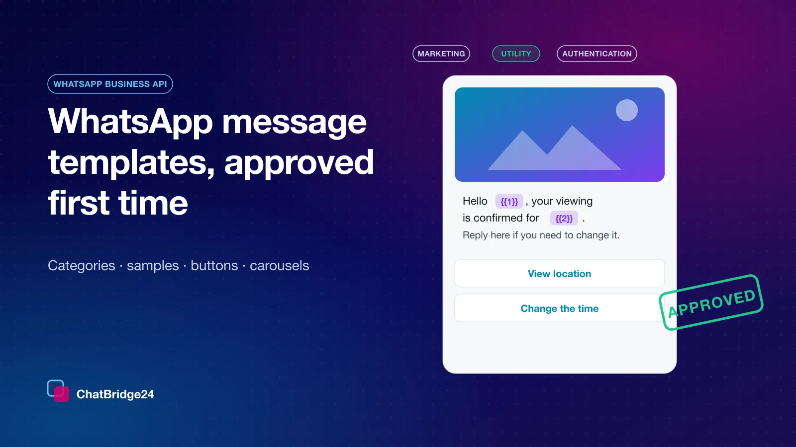 An approved WhatsApp message template with an image header, two named values and two buttons, beside the three template categories: marketing, utility and authentication.