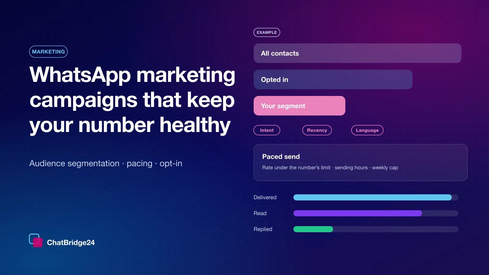 WhatsApp marketing campaigns with audience segmentation: contacts narrowed to opted-in people and a segment by intent, recency and language, sent at a paced rate, with example results.